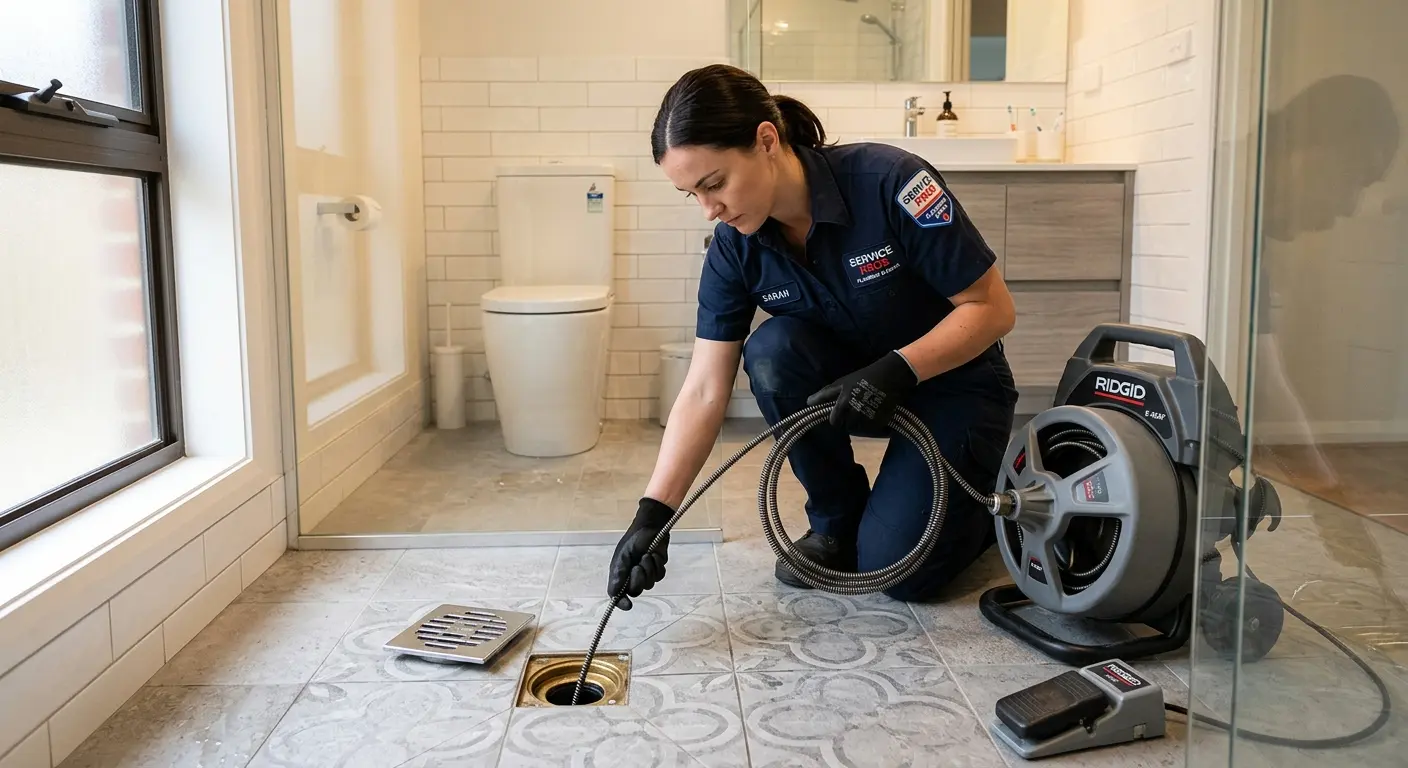 Technician clearing a bathroom floor drain for Clogged Drain Repair in Tualatin
